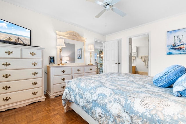 bedroom with parquet floors, ceiling fan, and ensuite bathroom