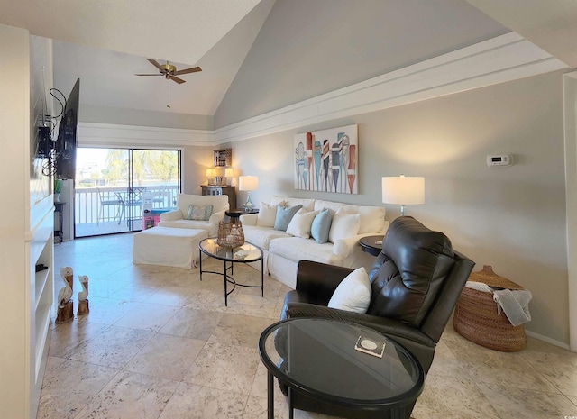 living room featuring ceiling fan and high vaulted ceiling