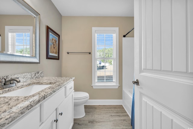 bathroom featuring a wealth of natural light, toilet, vanity, and wood finished floors