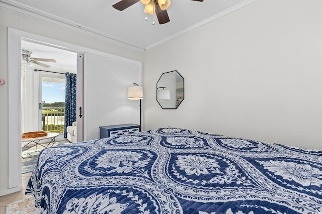 tiled bedroom featuring crown molding, ceiling fan, and access to outside