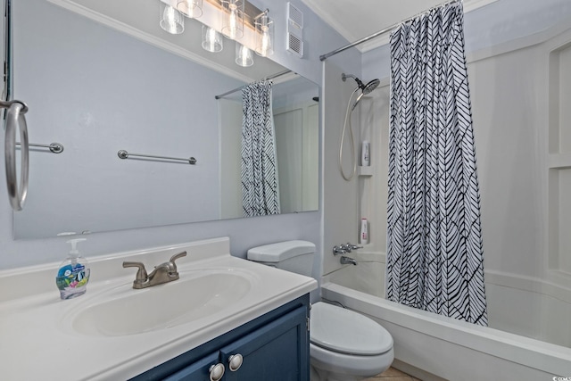 full bathroom with ornamental molding, vanity, shower / bath combo with shower curtain, and toilet