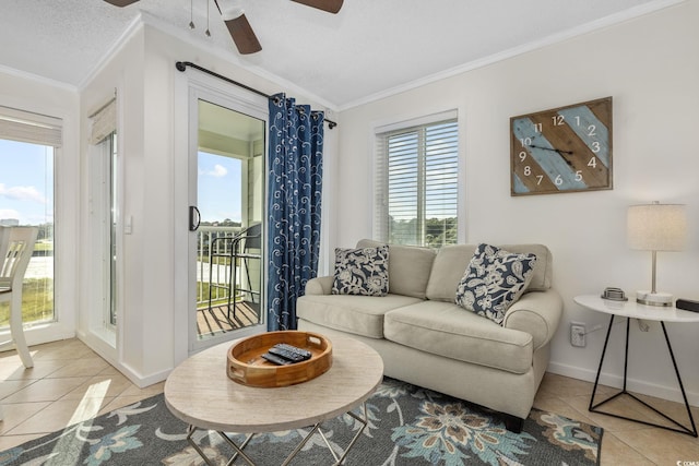 living room featuring light tile patterned flooring, crown molding, and a textured ceiling