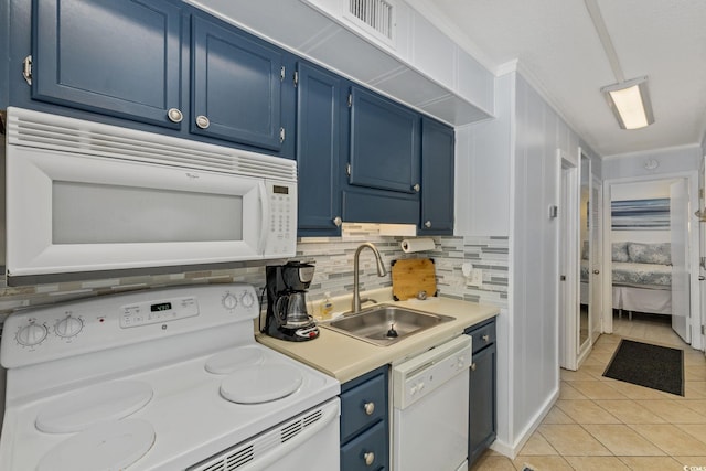 kitchen with sink, backsplash, light tile patterned floors, blue cabinetry, and white appliances