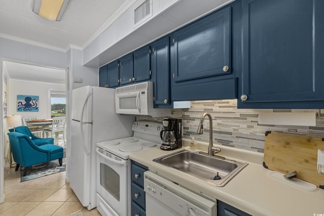 kitchen featuring blue cabinetry, sink, ornamental molding, white appliances, and backsplash