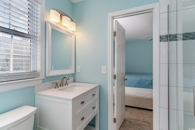 bathroom with vanity, hardwood / wood-style flooring, and toilet