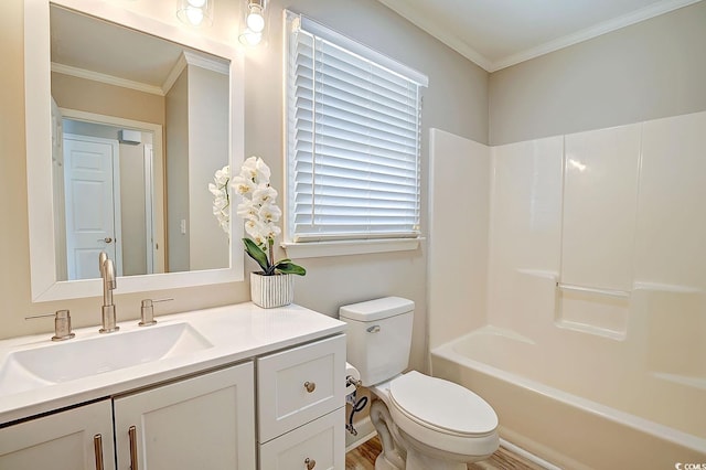 full bathroom featuring vanity,  shower combination, ornamental molding, and toilet