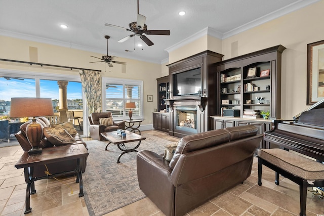 living room with crown molding