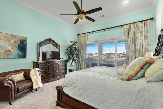 bedroom featuring ceiling fan, ornamental molding, carpet flooring, and access to exterior