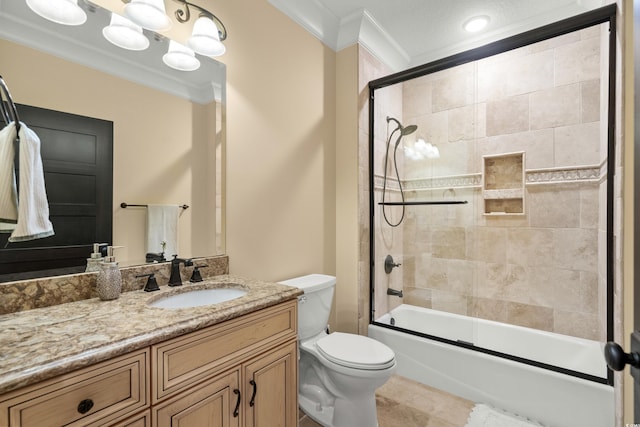 full bathroom with crown molding, bath / shower combo with glass door, vanity, toilet, and a chandelier