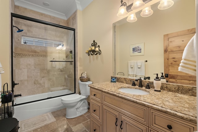 full bathroom with vanity, crown molding, shower / bath combination with glass door, and toilet