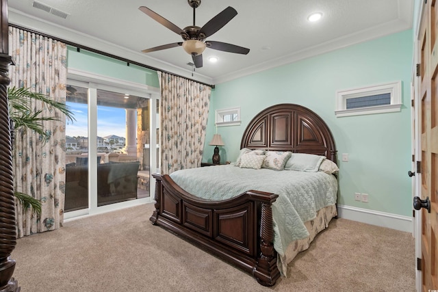 bedroom featuring crown molding, access to outside, light colored carpet, and ceiling fan