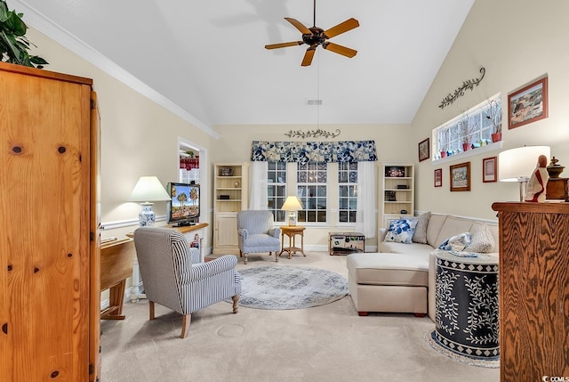 living room featuring crown molding, high vaulted ceiling, ceiling fan, and carpet flooring