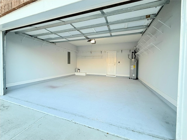 garage with baseboards, water heater, electric panel, and a garage door opener