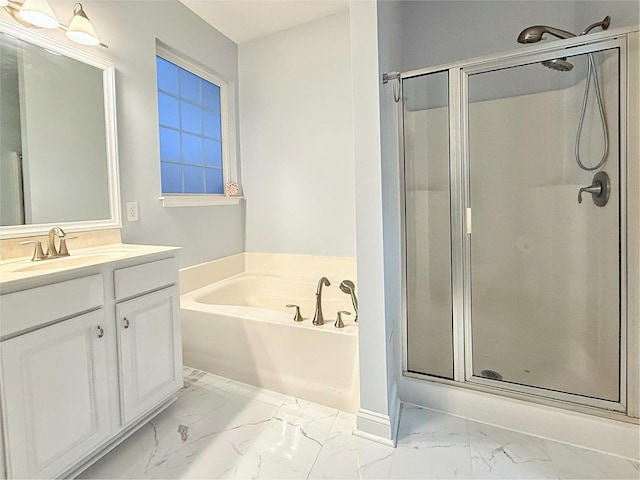 full bath with a bath, baseboards, a shower stall, marble finish floor, and vanity