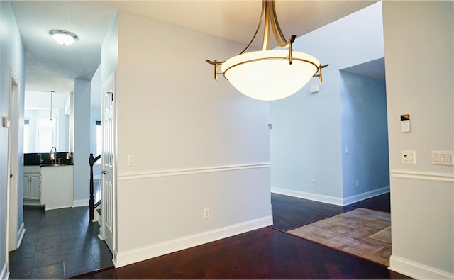 dining space with sink and dark hardwood / wood-style flooring