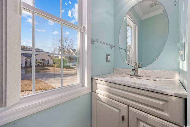 bathroom featuring vanity, plenty of natural light, and ornamental molding