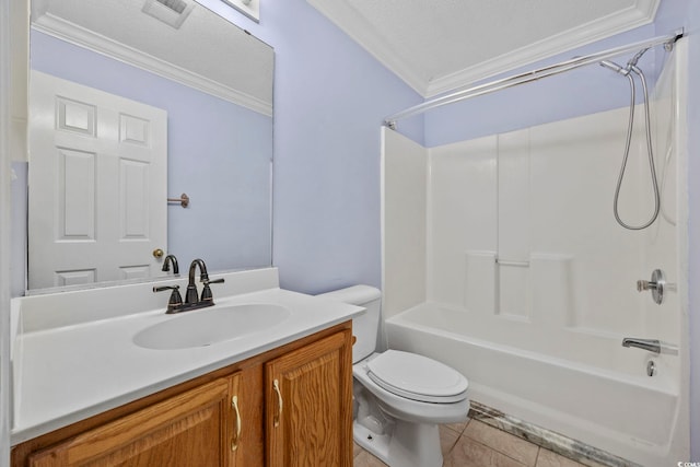 full bathroom with tile patterned flooring, vanity, toilet, crown molding, and a textured ceiling