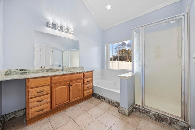 bathroom with lofted ceiling, crown molding, separate shower and tub, vanity, and tile patterned flooring