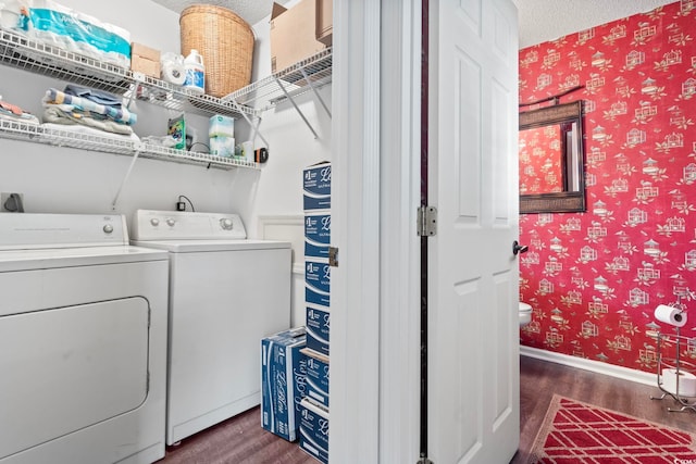 4396 Baldwin Ave Unit 94, Little River, SC 29566 - laundry room featuring wallpapered walls, dark wood-style floors, and washer and clothes dryer