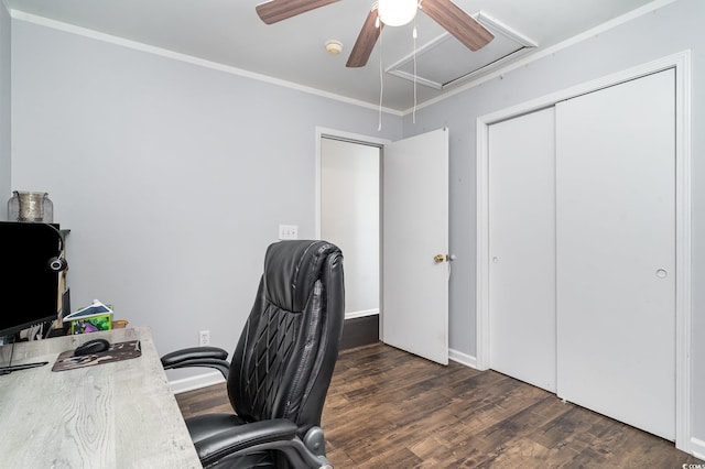 office featuring crown molding, dark hardwood / wood-style floors, and ceiling fan