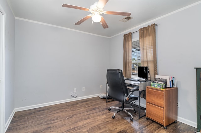 office area with ceiling fan, ornamental molding, and dark hardwood / wood-style floors