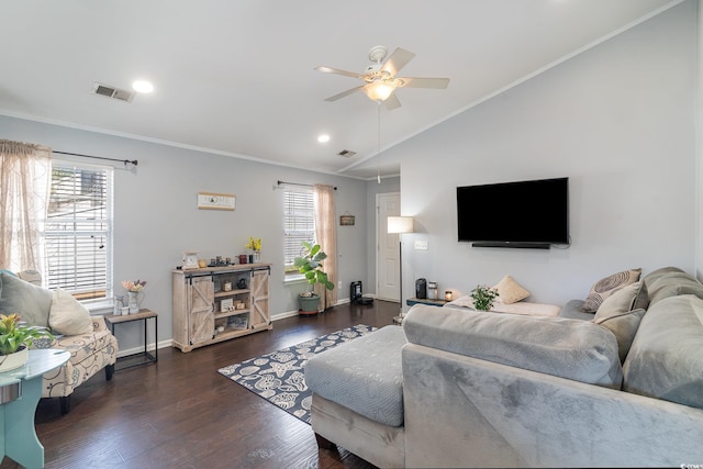 living room with dark hardwood / wood-style flooring, crown molding, vaulted ceiling, and ceiling fan