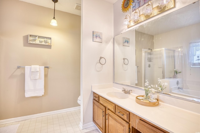 full bathroom featuring vanity, toilet, independent shower and bath, and tile patterned flooring