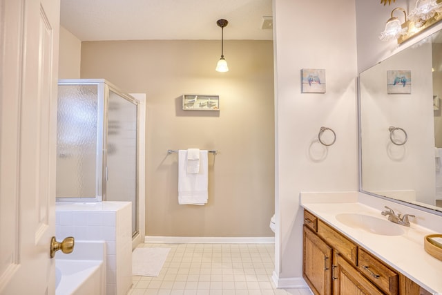 full bathroom featuring vanity, toilet, and separate shower and tub