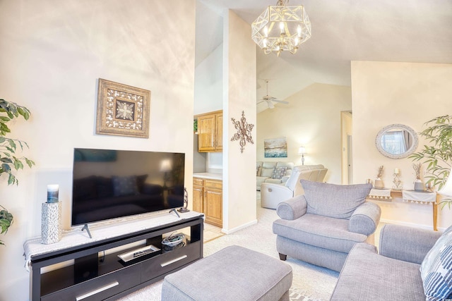 living room with light carpet, ceiling fan with notable chandelier, and high vaulted ceiling