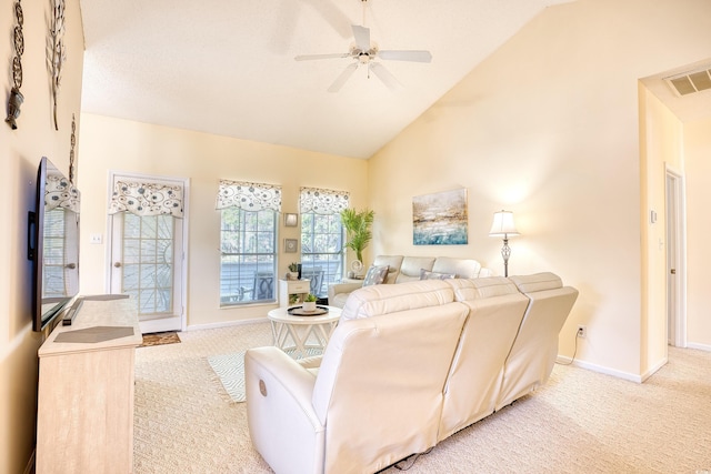 carpeted bedroom featuring high vaulted ceiling and ceiling fan