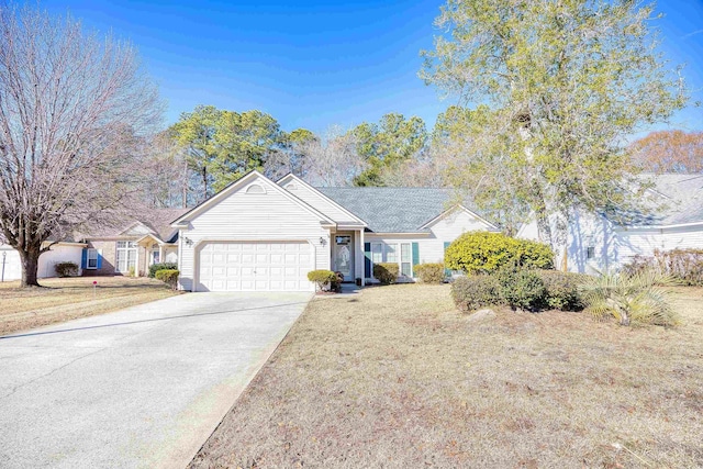 ranch-style home featuring a garage and a front lawn