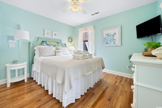 bedroom with ceiling fan and light wood-type flooring