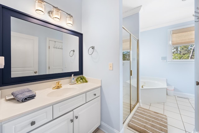 bathroom with vanity, tile patterned flooring, ornamental molding, and shower with separate bathtub