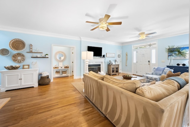 living room featuring ornamental molding, ceiling fan, and light hardwood / wood-style floors