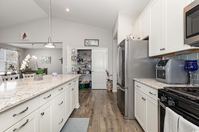 kitchen with white cabinetry, hanging light fixtures, stainless steel appliances, dark hardwood / wood-style floors, and light stone countertops