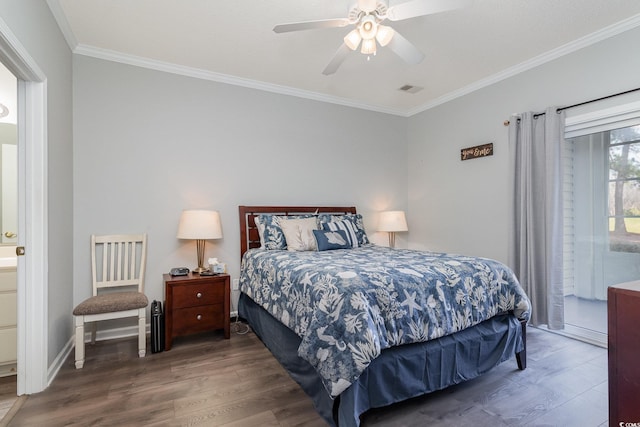 bedroom with visible vents, ceiling fan, ornamental molding, wood finished floors, and access to outside