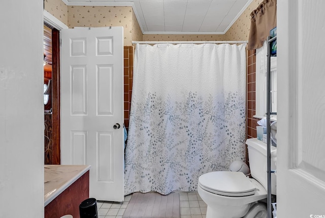 full bath featuring wallpapered walls, tile patterned flooring, and ornamental molding