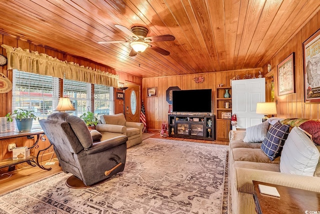 living room with ceiling fan, wood ceiling, wood walls, and wood finished floors