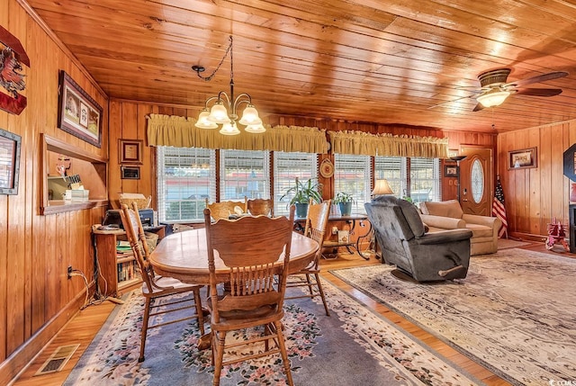 dining room with light wood finished floors, wood ceiling, wooden walls, and visible vents