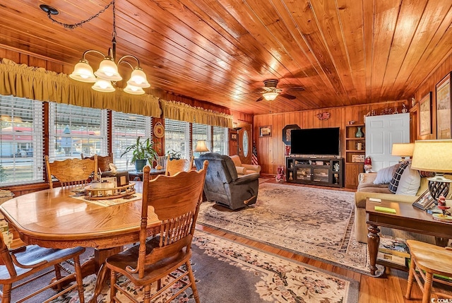 dining space with wooden ceiling, wood walls, wood finished floors, and ceiling fan with notable chandelier