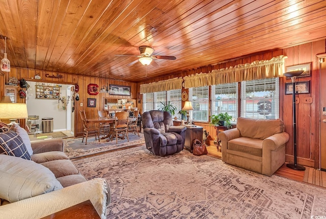 living area featuring wooden ceiling, wood walls, ceiling fan, and wood finished floors