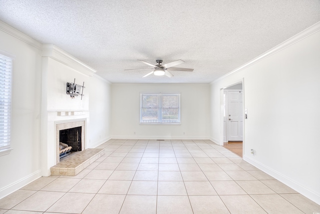 116 Great Lakes Rd, Pawleys Island, SC 29585 - unfurnished living room with crown molding, light tile patterned floors, a textured ceiling, and ceiling fan
