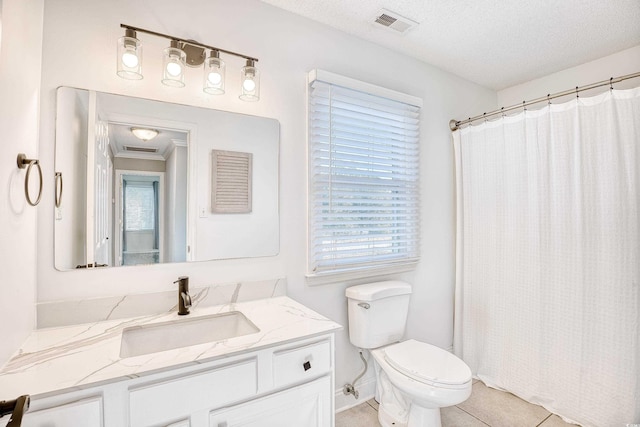 116 Great Lakes Rd, Pawleys Island, SC 29585 - bathroom with tile patterned floors, toilet, a textured ceiling, vanity, and a shower with shower curtain