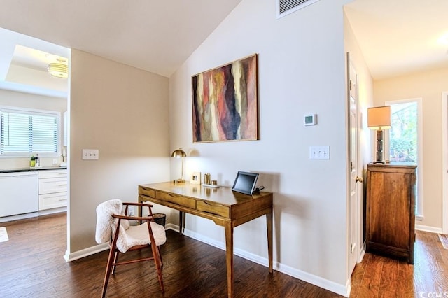 home office featuring dark wood-style floors, visible vents, and plenty of natural light