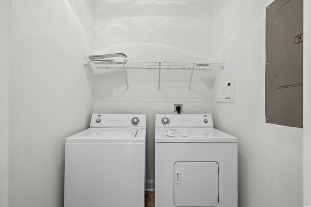 laundry room featuring electric panel and washer and clothes dryer