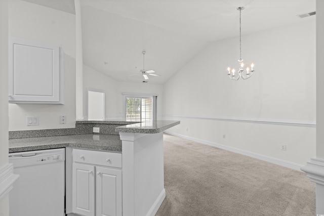 kitchen with lofted ceiling, white cabinetry, light carpet, white dishwasher, and ceiling fan with notable chandelier