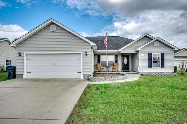 single story home with a garage and a front yard