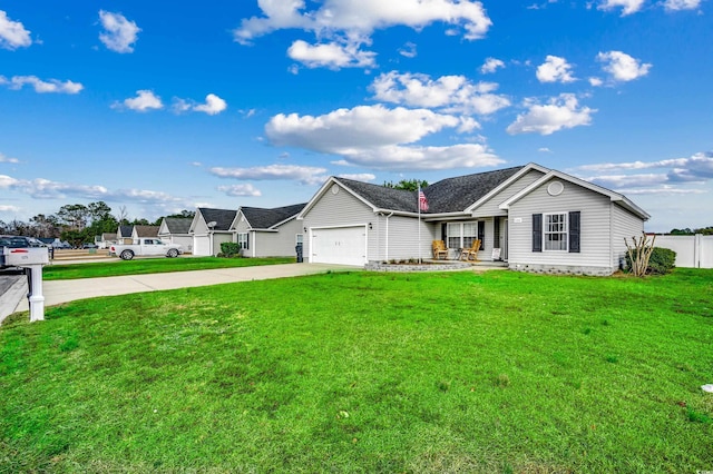 ranch-style home with a garage and a front yard