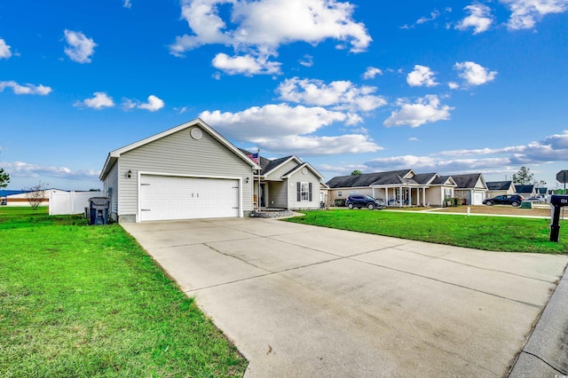 ranch-style house with a garage and a front lawn