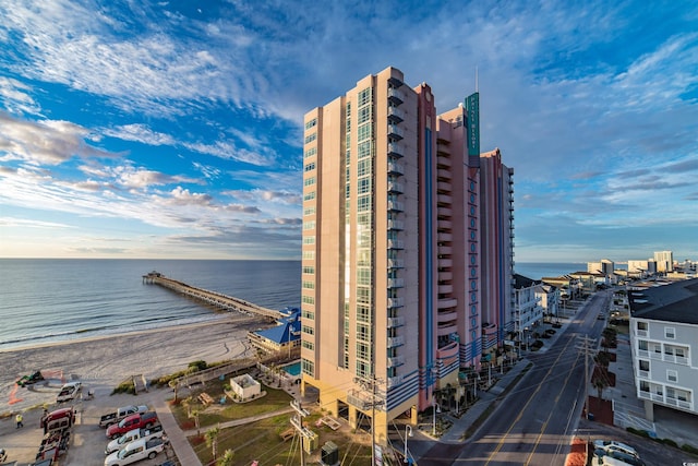 view of building exterior with a water view